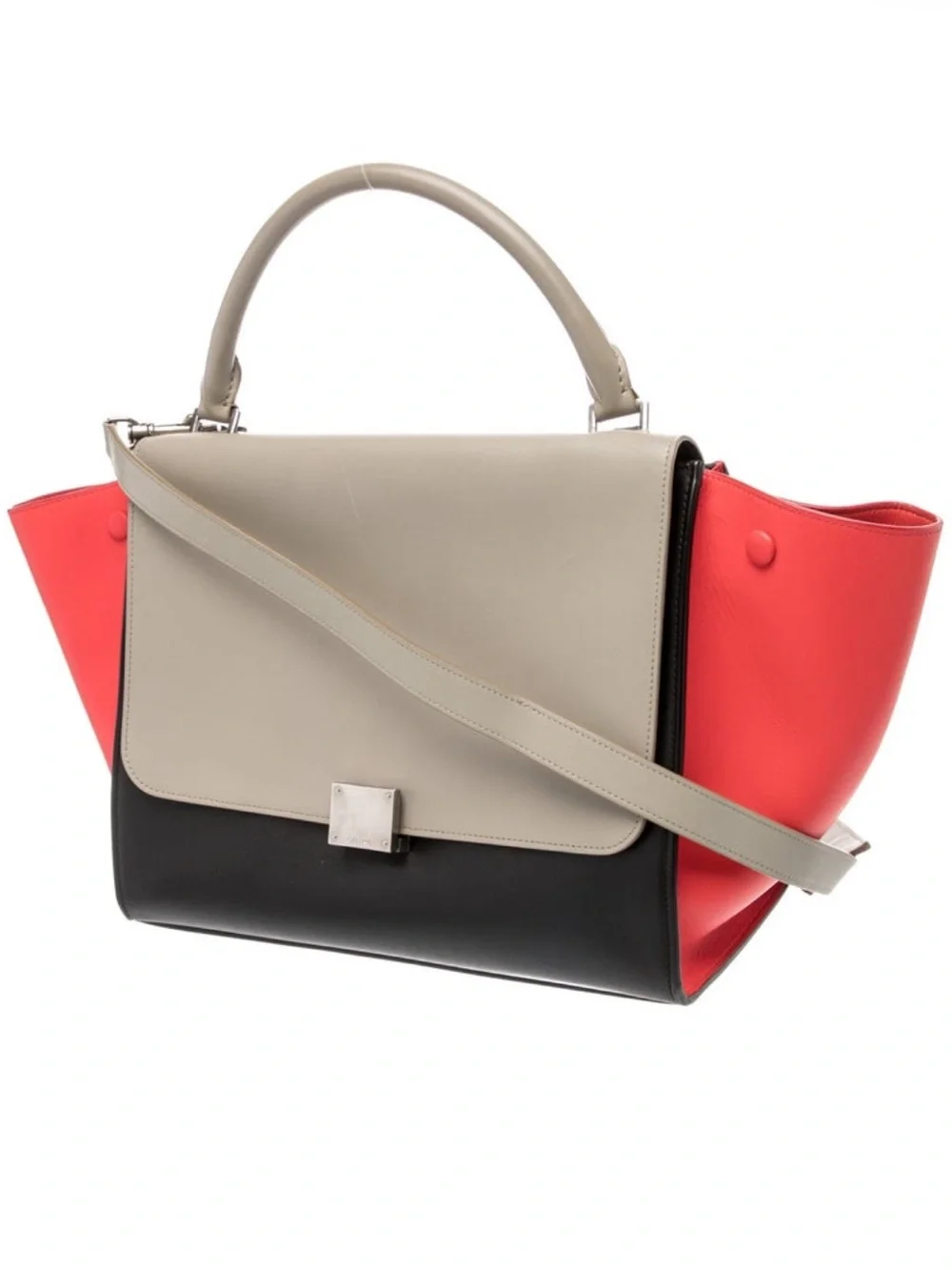 Celine  Tricolor Leather Satchel - Taupe, Black & Coral with dust bag